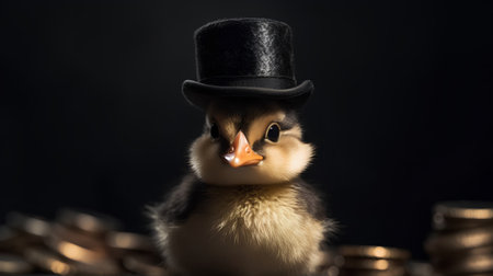 Cute little chick in a top hat on a black background.の素材