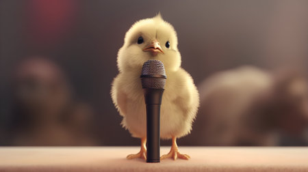 cute little chicken singing with microphone on stage, 3d renderの素材
