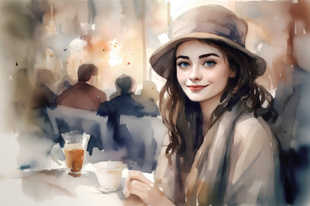 Beautiful young woman drinking coffee in a cafe. Digital watercolor painting.の素材