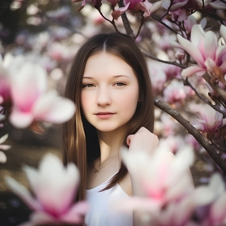 Portrait of a beautiful young girl with magnolia flowers in the parkの素材