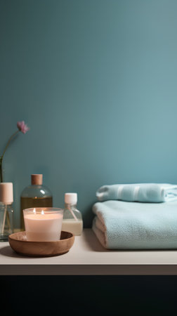Spa composition with candles and towels on shelf in bathroom interior.の素材