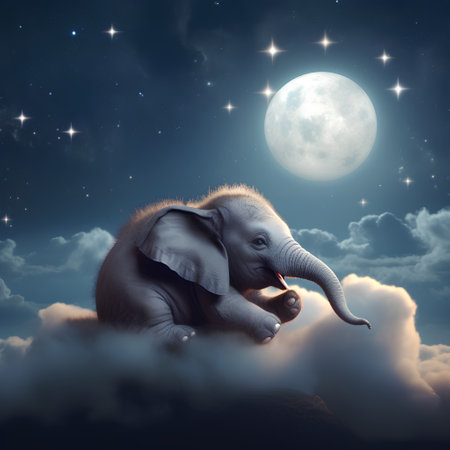 Elephant in the night sky with full moon. 3D renderingの素材