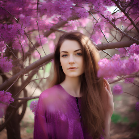 Portrait of a beautiful girl with long hair in the spring garden.の素材