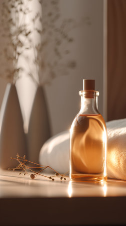 Spa still life with essential oil in bottle. 3d renderingの素材