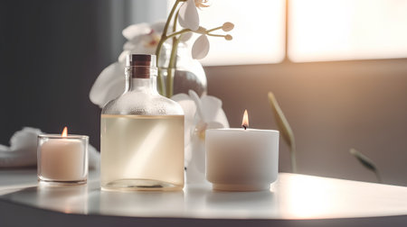 Spa still life with candles and bottle of oil on white tableの素材