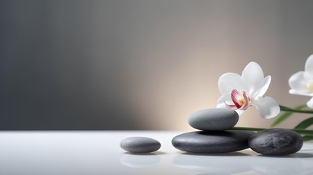 Spa stones and white orchid on a light background with copy spaceの素材
