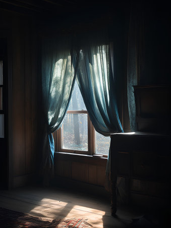 A young woman is standing by the window in a dark room.の素材