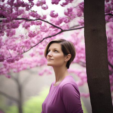 Portrait of a beautiful young woman in a pink blossom gardenの素材
