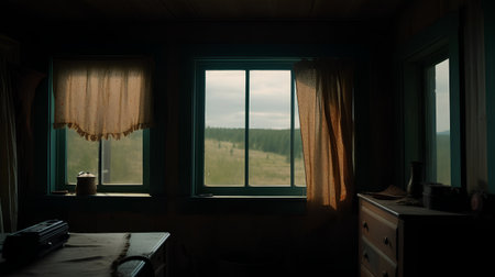 Interior of a room with a window and a view of the mountainsの素材