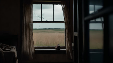 A view from the window of an old abandoned house in a countryside.の素材