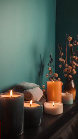 Spa still life with burning candles, towel and flowers on wooden shelfの素材