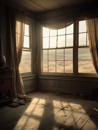 Interior of a room with a window overlooking the foggy valleyの素材