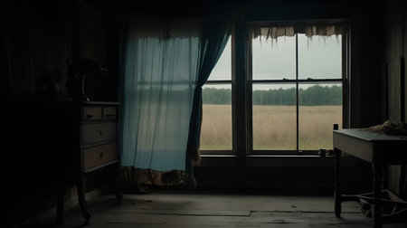 Abandoned room with a window and a view of the lakeの素材