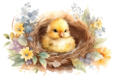 Watercolor baby chick in a nest with flowers on a white backgroundの素材