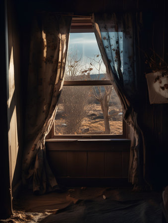 Abandoned house in the mountains. Old window with a view of the valleyの素材
