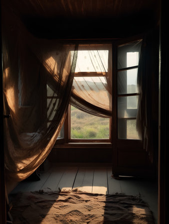 Window in a country house with curtains and hayloft in the backgroundの素材