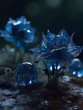 Beautiful blue flowers on the stone in the forest. Selective focus.の素材