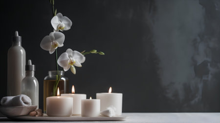 Spa still life with white orchids and candles on dark backgroundの素材