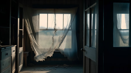 Interior of an old house with a window and curtains, tonedの素材