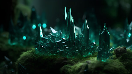 3D illustration of a small green crystal in a dark forest.の素材