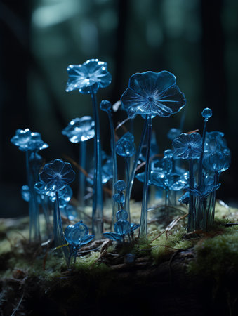 Macro shot of small blue mushrooms growing on a moss in the forestの素材