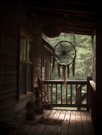 Dreamcatcher on the porch of a wooden house. Toned.の素材