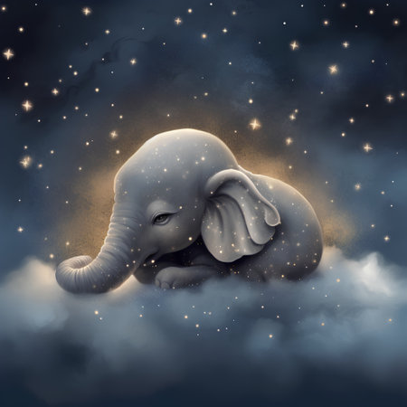 elephant in the night sky with stars and clouds 3d illustrationの素材