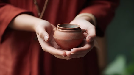 Clay pot in female hands, close-up, shallow DOFの素材
