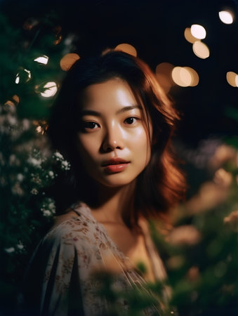 Portrait of a beautiful asian woman in the garden at nightの素材