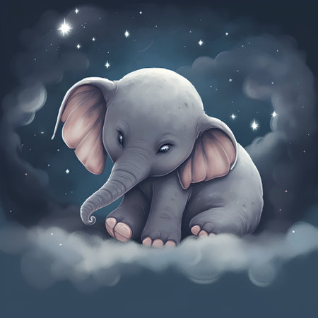 Cute elephant in the night sky with clouds. Illustration.の素材