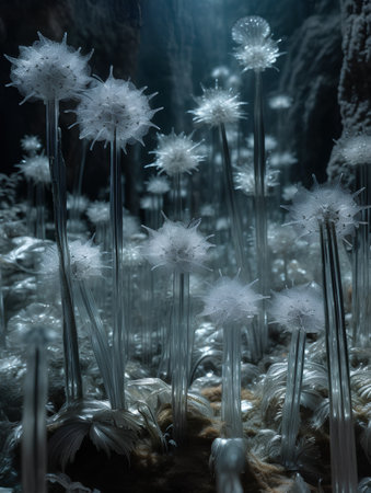 3D rendering of a dandelion in a dark forest with fogの素材