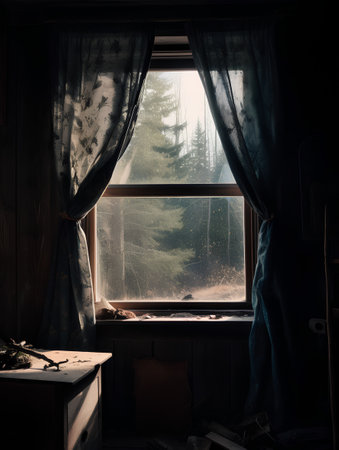 Abandoned house in the woods. The window with curtains.の素材