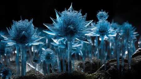 Frozen blue flowers on black background. 3d illustration. macroの素材