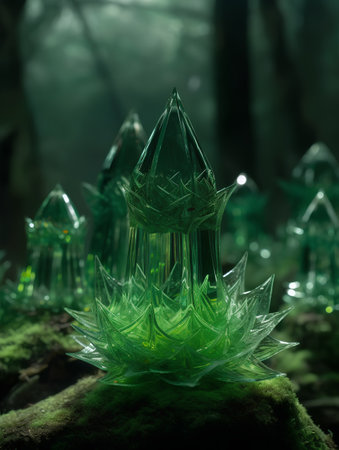 Fantasy forest with crystal mushrooms and green moss. 3d renderingの素材