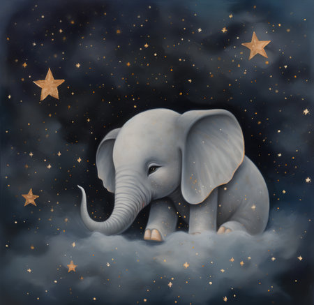 Elephant in the night sky with stars and clouds. 3d illustrationの素材
