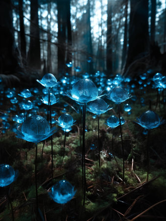 Beautiful blue hydrangea flowers in the dark forest at nightの素材