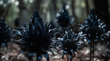 Fantasy dark forest with blue flowers and trees. 3d renderingの素材