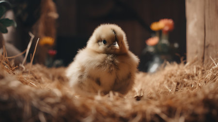 Cute little chicken in the nest. Selective focus. vintage style.の素材