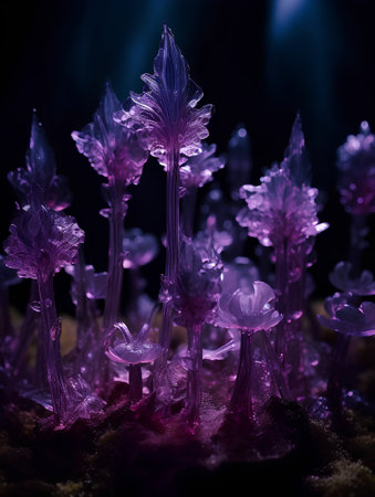 3d render of purple flowers in water on a dark background.の素材