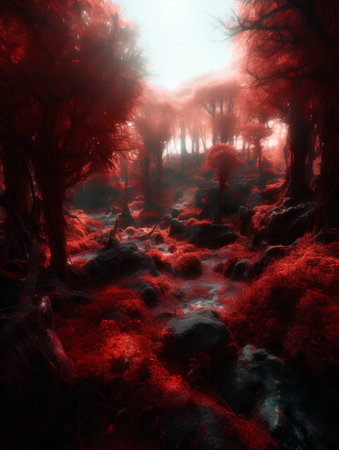 Mysterious dark forest with red trees and fog. 3D renderingの素材