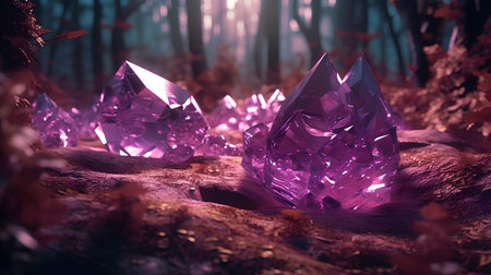 Purple crystals on the ground in the forest. 3d renderingの素材