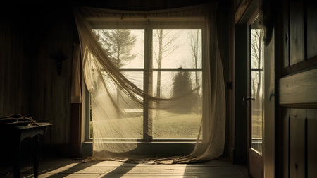 Window in the old house with curtains and a view of the forestの素材