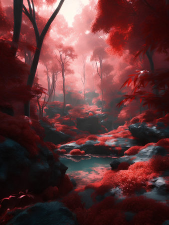 Fantasy forest with red trees and water stream. 3d renderの素材