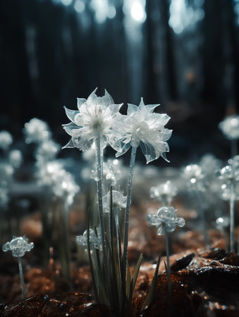 Snowdrop flower in the forest at night. Nature background. Toned.の素材