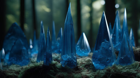 Blue crystal crystals in the forest. Fantasy concept. 3D Renderingの素材