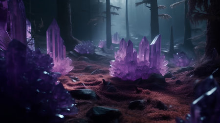 Fantasy landscape with purple crystals in the forest. 3d renderの素材