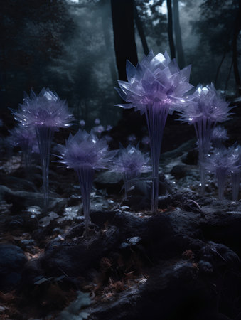 Mysterious purple flower in the dark forest. 3D renderingの素材