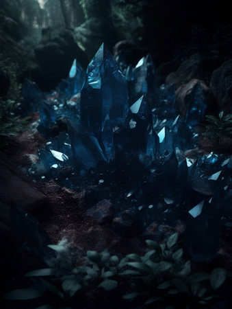 Mysterious dark forest. Fairytale landscape with blue crystals on the ground. 3D Renderingの素材