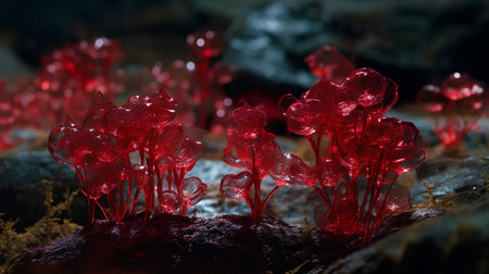 Fantasy red mushrooms on a rock in the forest. 3d renderingの素材