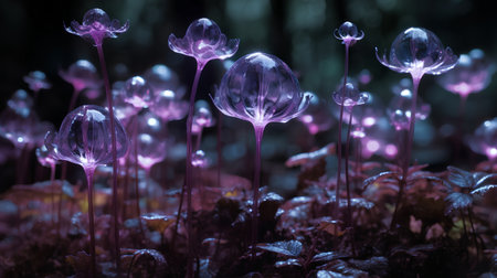 Beautiful purple flowers in the forest. 3d rendering. Computer digital drawing.の素材